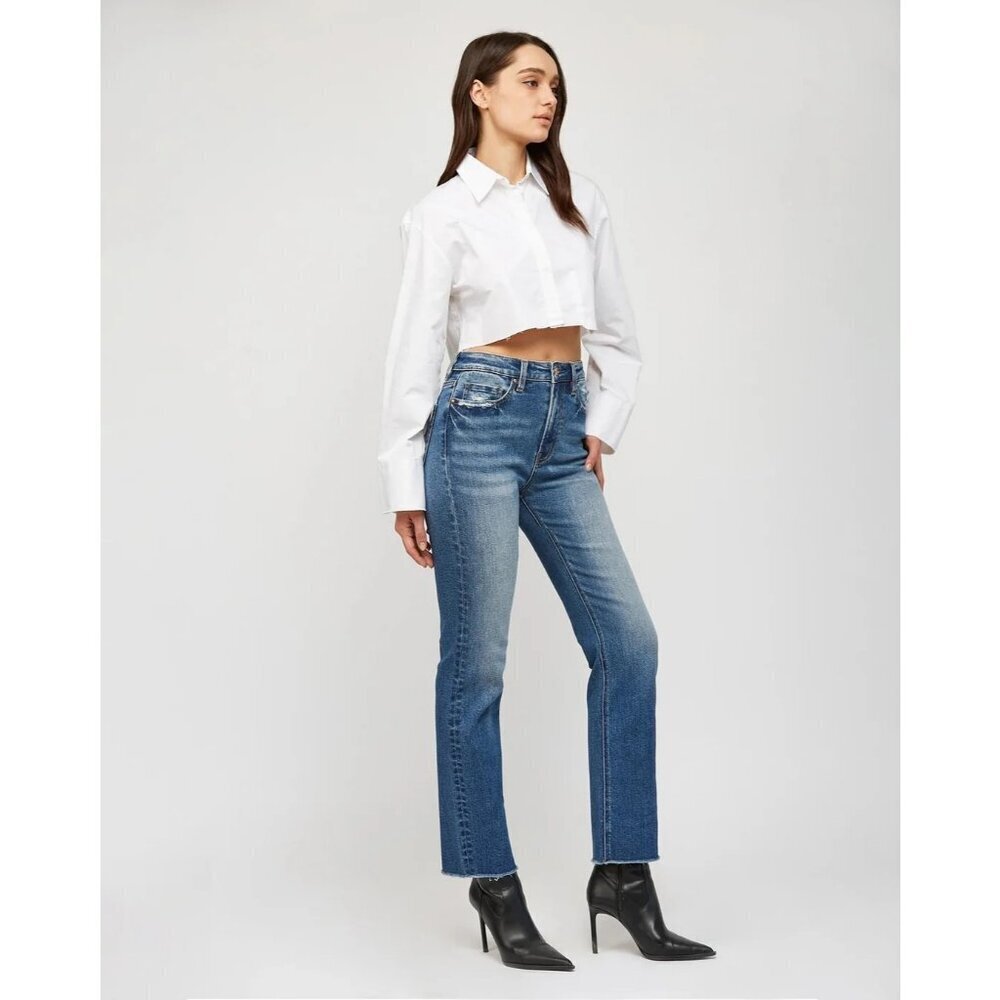 Mica Super Hi Rise Straight Leg Denim Jeans Mid-Wash Distressed Raw Hem Women 24